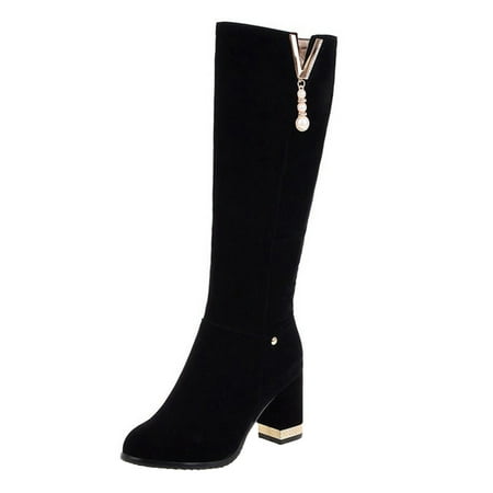 

KBKYBUYZ Women s Warm Solid Retro Zipper High Heel Round Toe Boots Shoes
