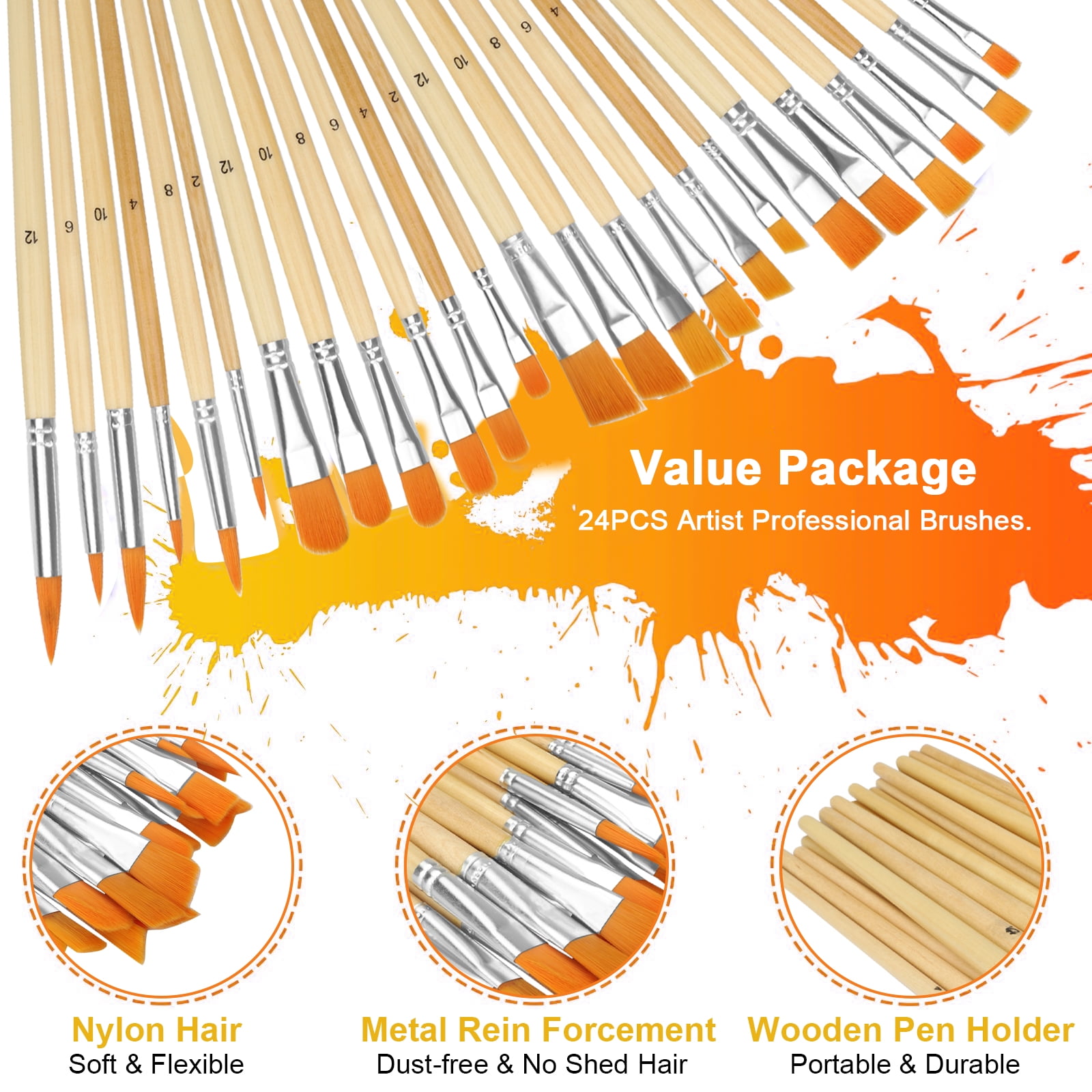 Acrylic Paint Brush Set, TSV 24 Pcs Nylon Hair Brushes for All