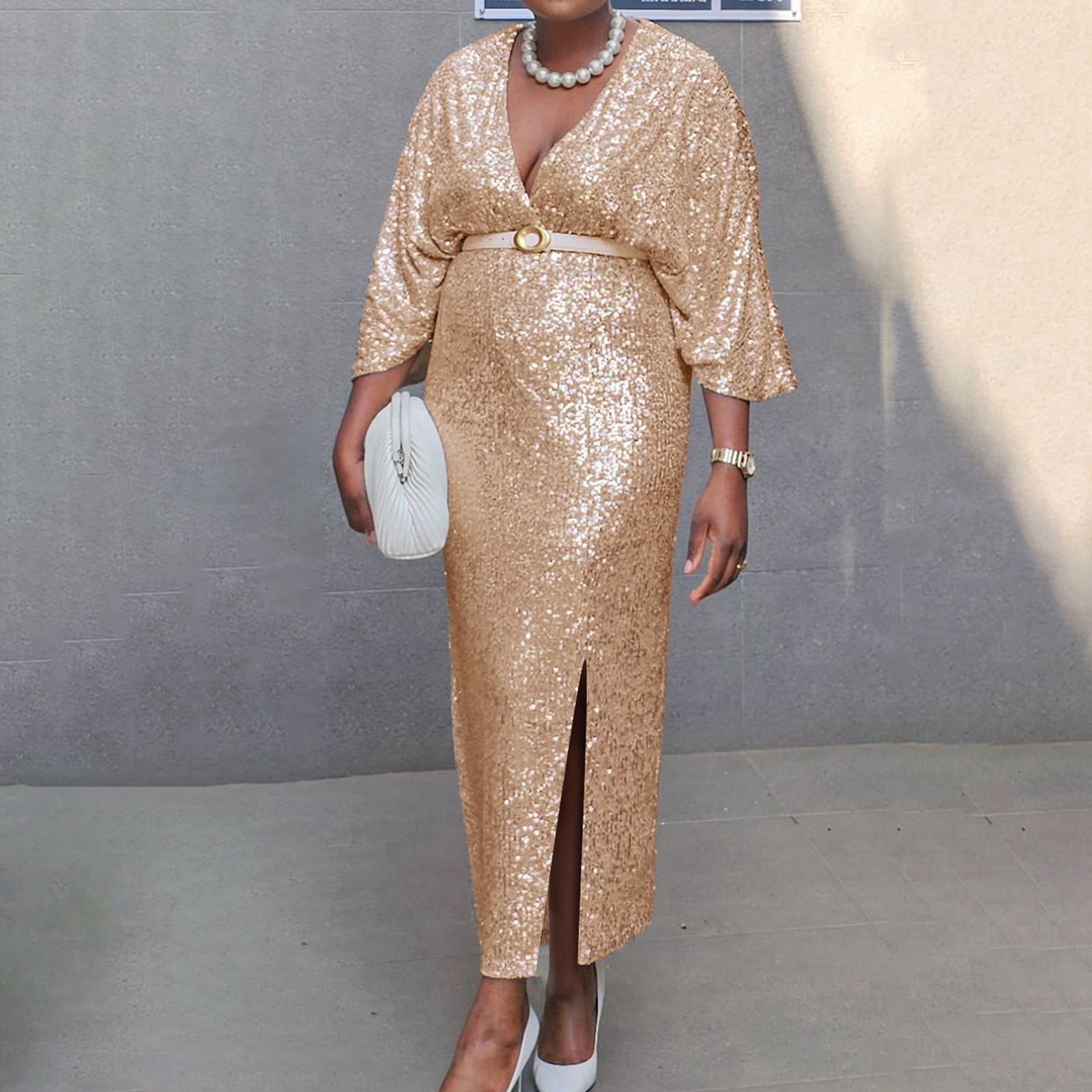 JIANJIA Casual Dresses For Womens Solid Color Plus Size V Neck Sequin Stylish Sexy Bodycon Evening Gown Cocktail Dress Activewear,Gold,XXXL