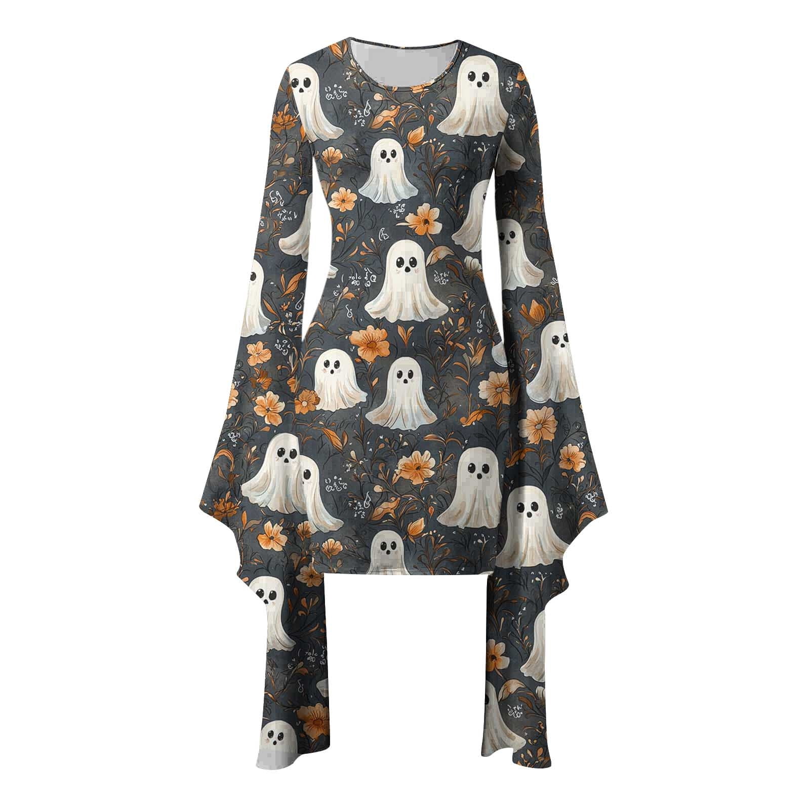 Womens Halloween Costumes Ghost Printed Bodycon Mini Dress Batwing Sleeve Crew Neck Masquerade Dresses Scream Costume