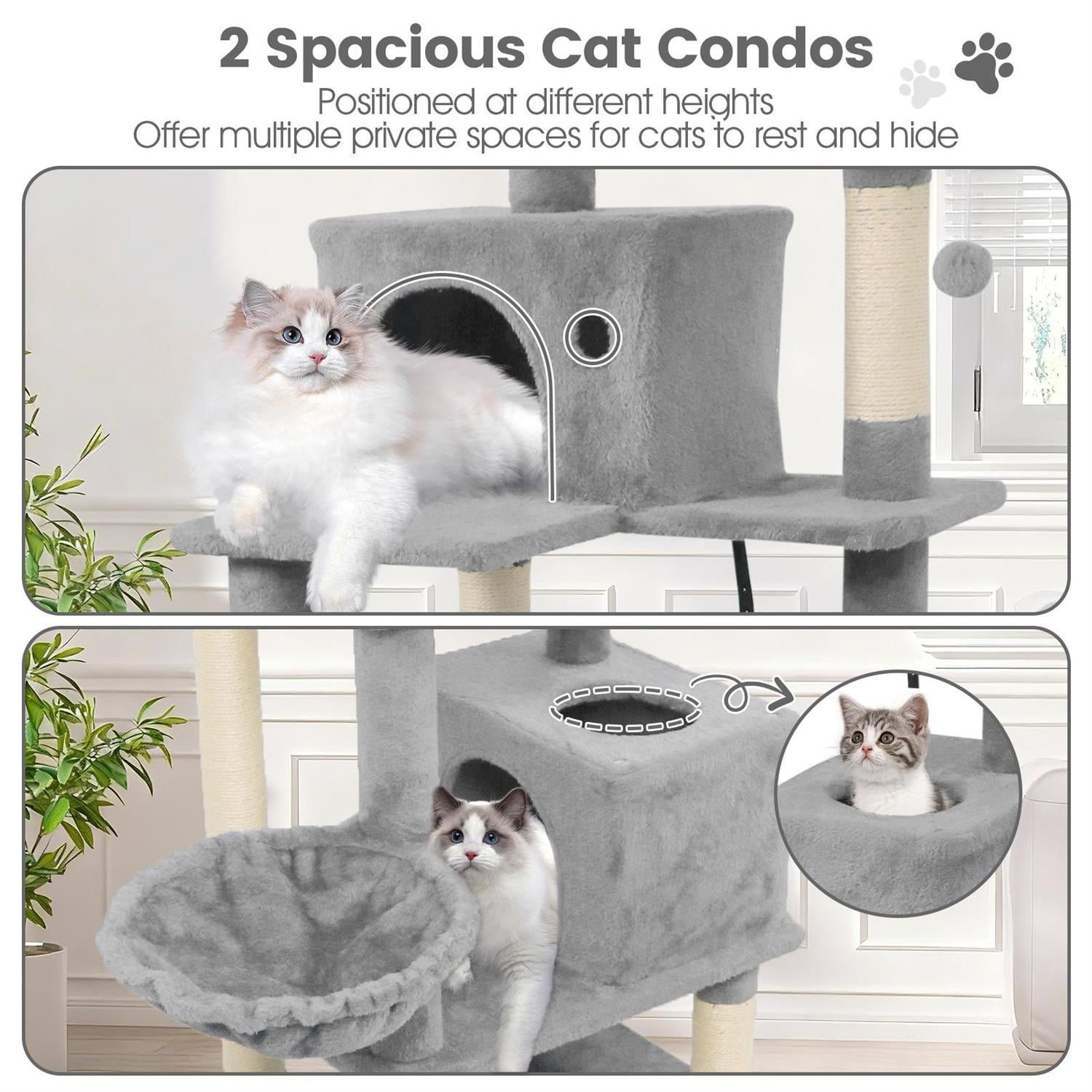 Pefilos 66" Tall Multi-Level Cat Tree, 2 Condos & Sisal Scratching Posts, Dangling Balls & Anti-Toppling, Light Gray
