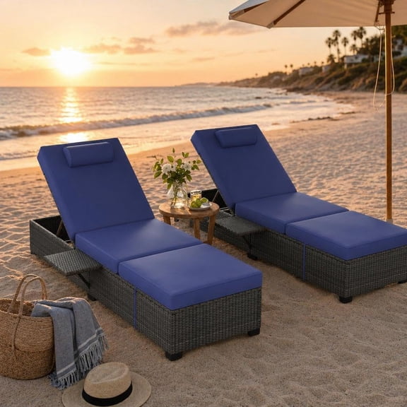 78" Outdoor Chaise Lounge Chairs Set of 2, Wicker Pool Lounge Chairs with Adjustable Back & Foldable Side Table, Brown Rattan Patio Loungers with Washable Cushions, Sky Blue