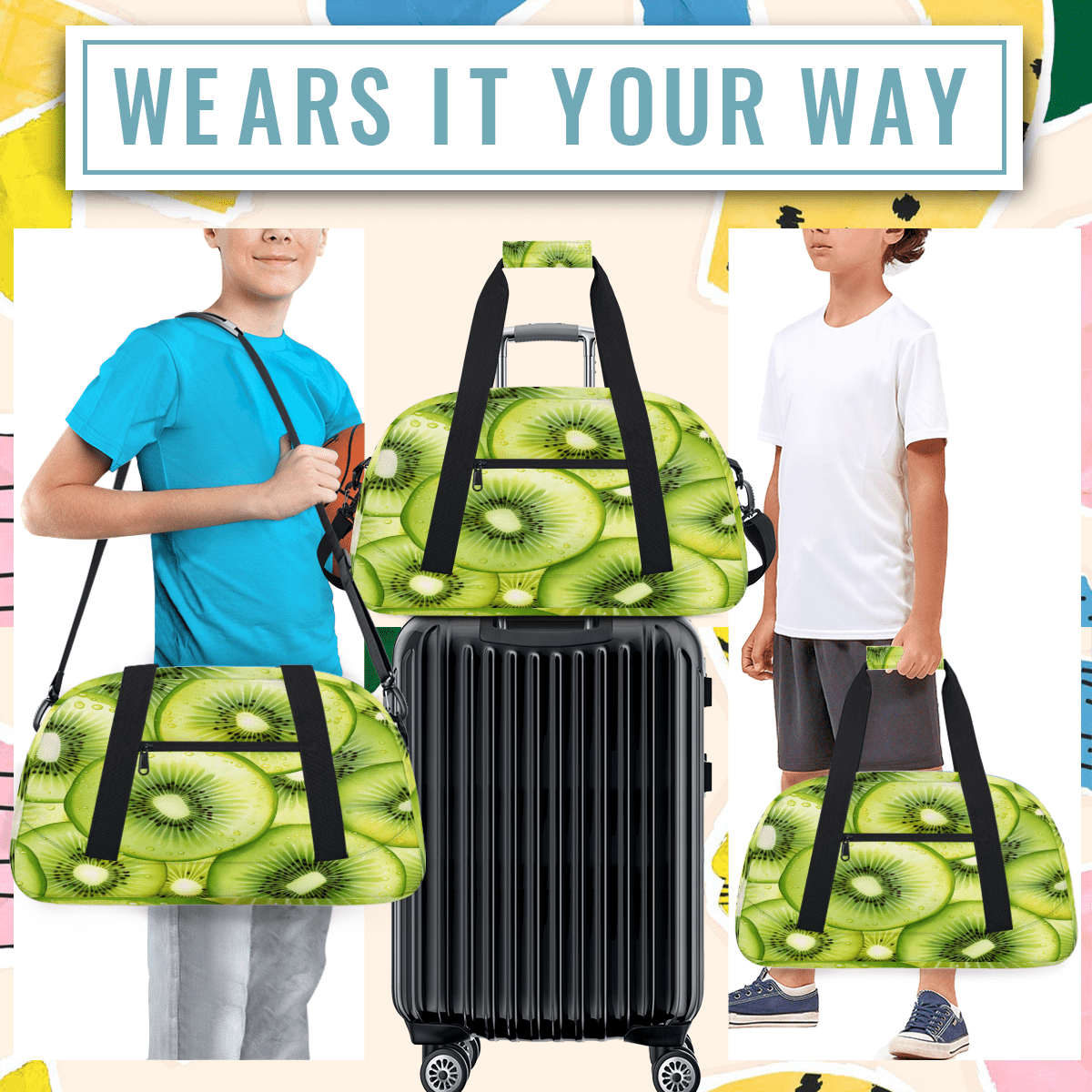 Herdesigns Kiwifruit Sports Duffle Bag for Women & Men, Summer Tropical Fruits Green Gym Bag Dance Bag Overnight Bag Carry On Weekender Travel Bag