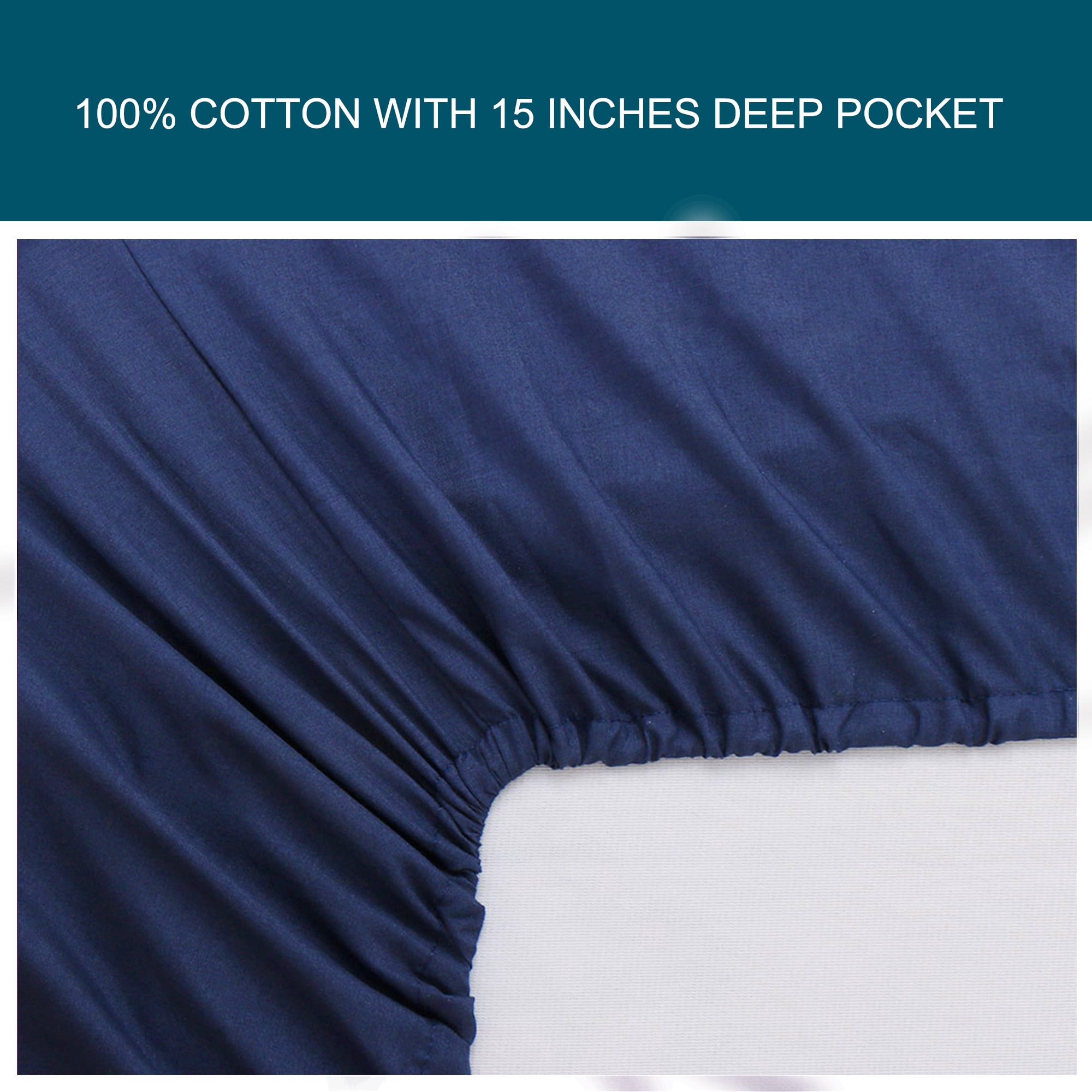 Unique Bargains 15" Deep Pocket Cotton Solid Fitted Sheet Navy Blue Queen
