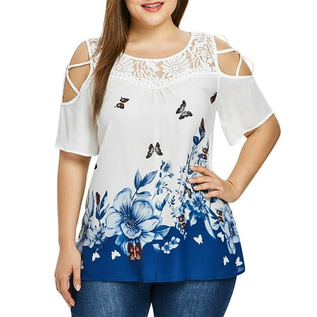 Butterfly And Lace Shirt - Tuscom Women Plus Size Loose Sexy Casual Floral&Butterfly Pint Lace Spliced Round Neck Bandage Cold Shoulder Short Sleeve Polyester Blouse Top