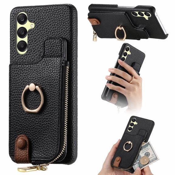 Phone Case for Samsung Galaxy A37, Wallet Cover with Zipper RFID Blocking Card Holder Ring Stand PU Leather Cell Phone Case Men Women, Black