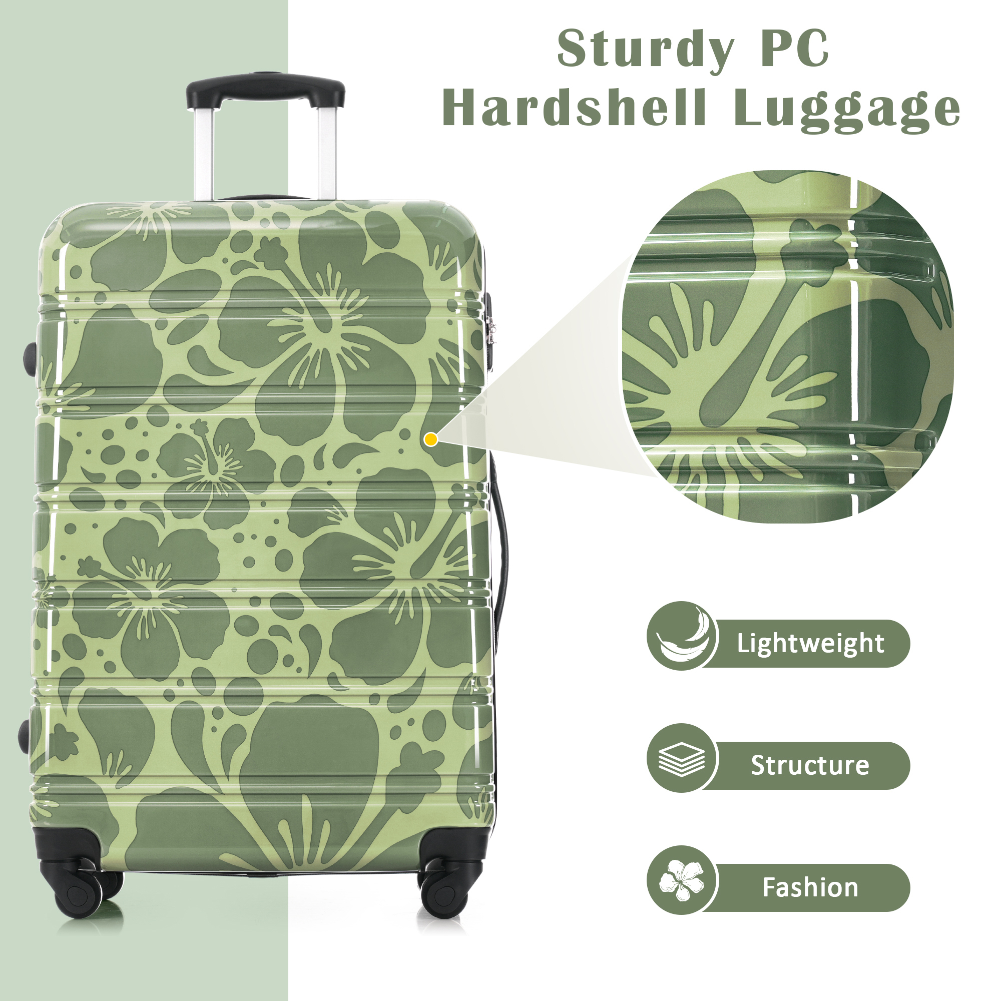 Euroco 3 Piece Luggage Sets, ABS+PC Hardshell Suitcase with TSA Lock and Spinner Wheels,Lightweight Suitcase Set for Family Travel,Green