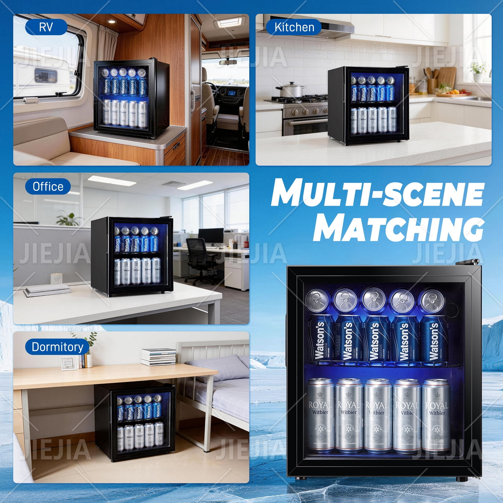 JIEJIA 60 Can Mini Fridge and 1.8 Cu.ft Beverage Cooler Refrigerator with Glass Door for Home, Office