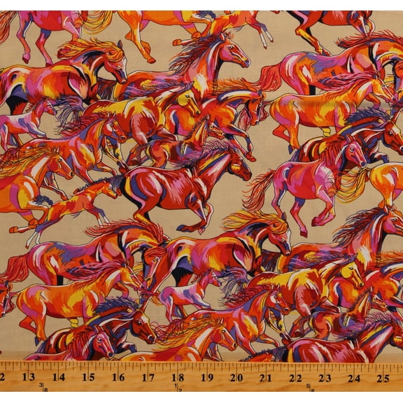 Cotton Colorful Horses Art Calico Horses Equestrian Lorraine Turner Cotton Fabric Print by the Yard (PWLT011.SAND)