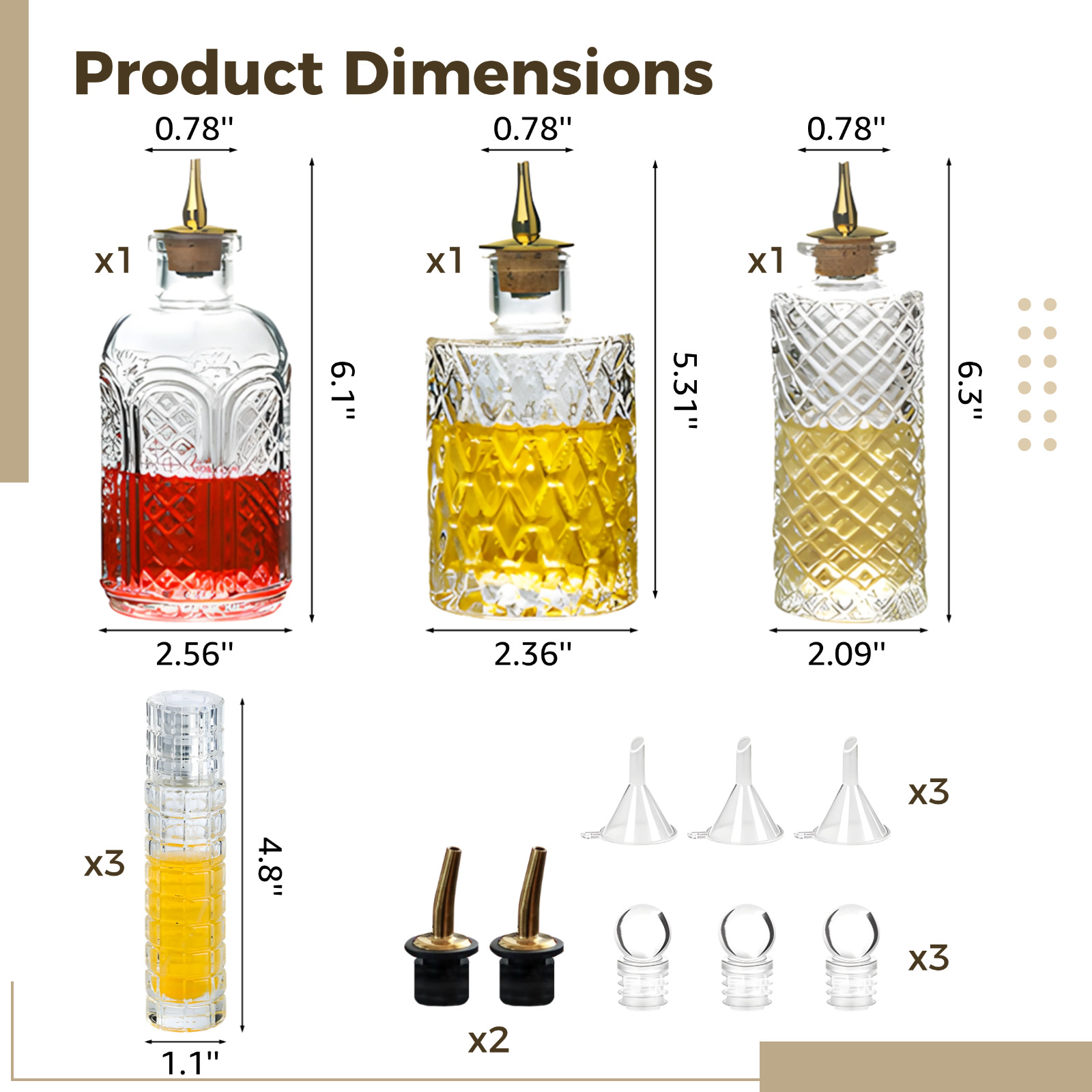 6 Pcs Cocktail Bottles Set, Including 3 Styles Bottles, Classic Diamond ,Carved Pattern and Diamond Grid, 3 Bitters Atomizer Bottles, Glass, Versatile Bar Accessories