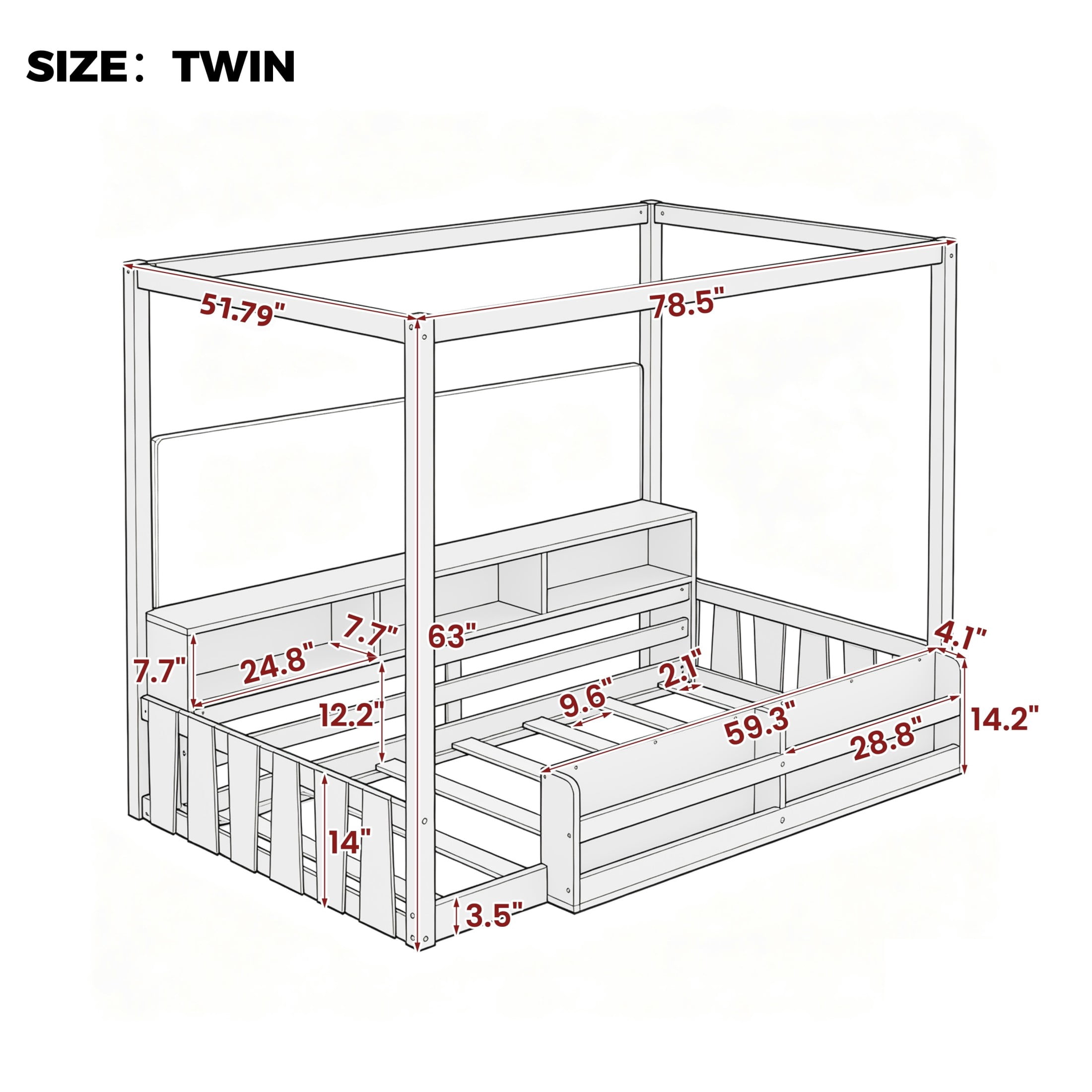 GDF Studio Misol Twin Size Montessori Canopy Floor Bed with Storage & Guardrails, Pine Wood Kids Bed Frame, Dark Brown