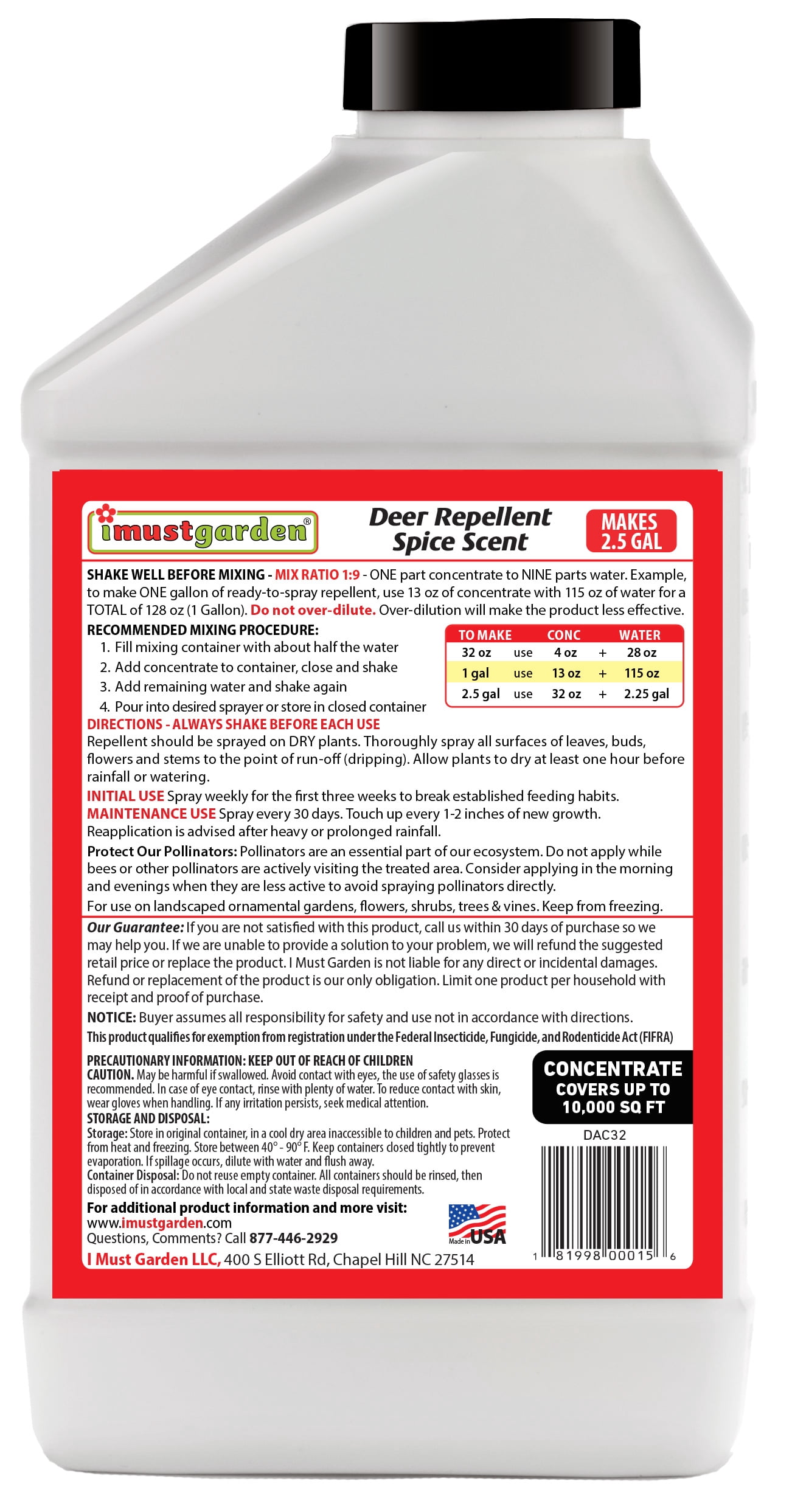 I Must Garden Deer Repellent Concentrate [2 Pack] - Natural Spice Scent - Two 32oz Bottles