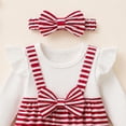 thumbnail image 5 of Pandaie Infant Baby Girls Plaid Suspender Romper Set Ruffle Long Sleeve Ribbed Bodysuit Bow Headband Holiday Photo Shoot Daily Casual Outfits Red,3-6 Months, 5 of 7