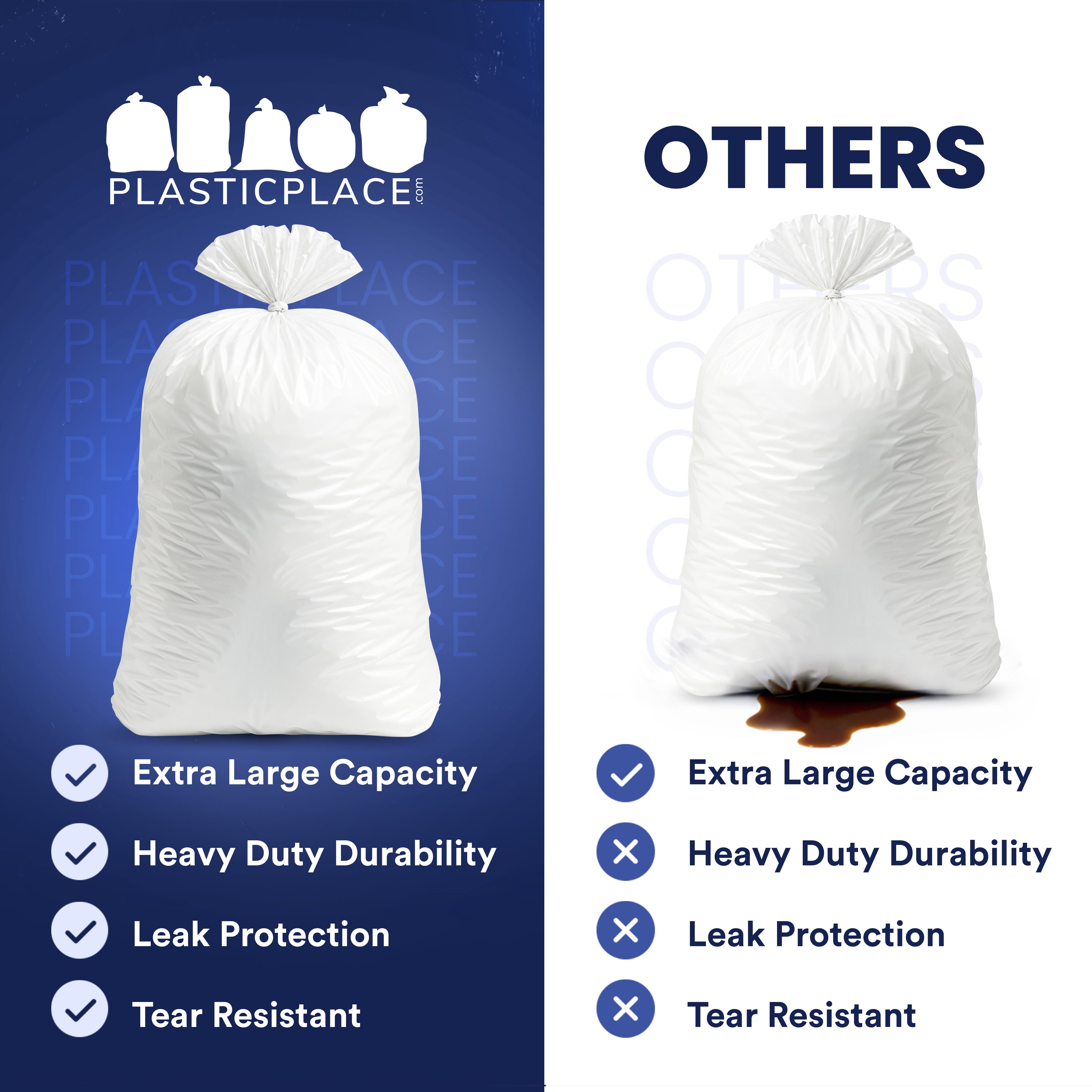 Plasticplace 55-60 Gallon Trash Bags │ 0.7 Mil │Garbage Can Liners │ 38” x 58” (100 Count)