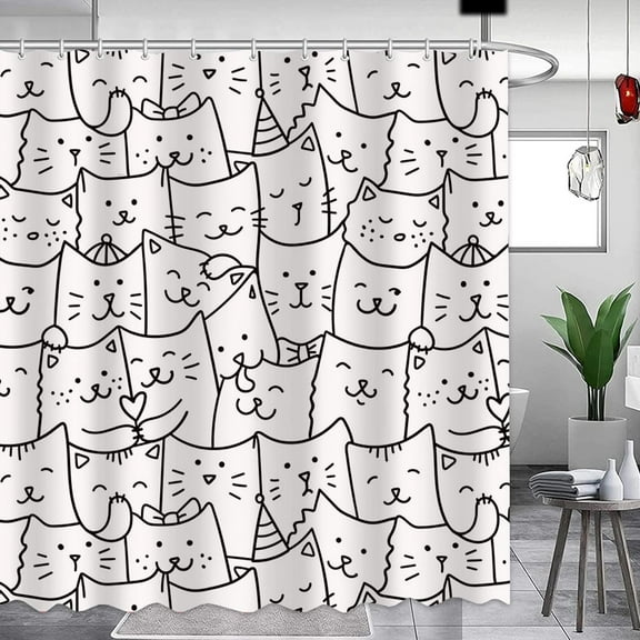 Funny Cat Shower Curtain for Bathroom Decor Cartoon Cute Kitten Animals Polyester Waterproof Bathroom Curtain with 12 Hooks 72"X72" Birthday Gifts for Women Cat Lovers,Washable,Black White