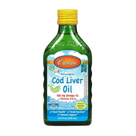 Carlson Kid's Norwegian Cod Liver Oil + Vitamin A & D3 Liquid, 550 mg Omega-3, Lemon, 8.4 Fl