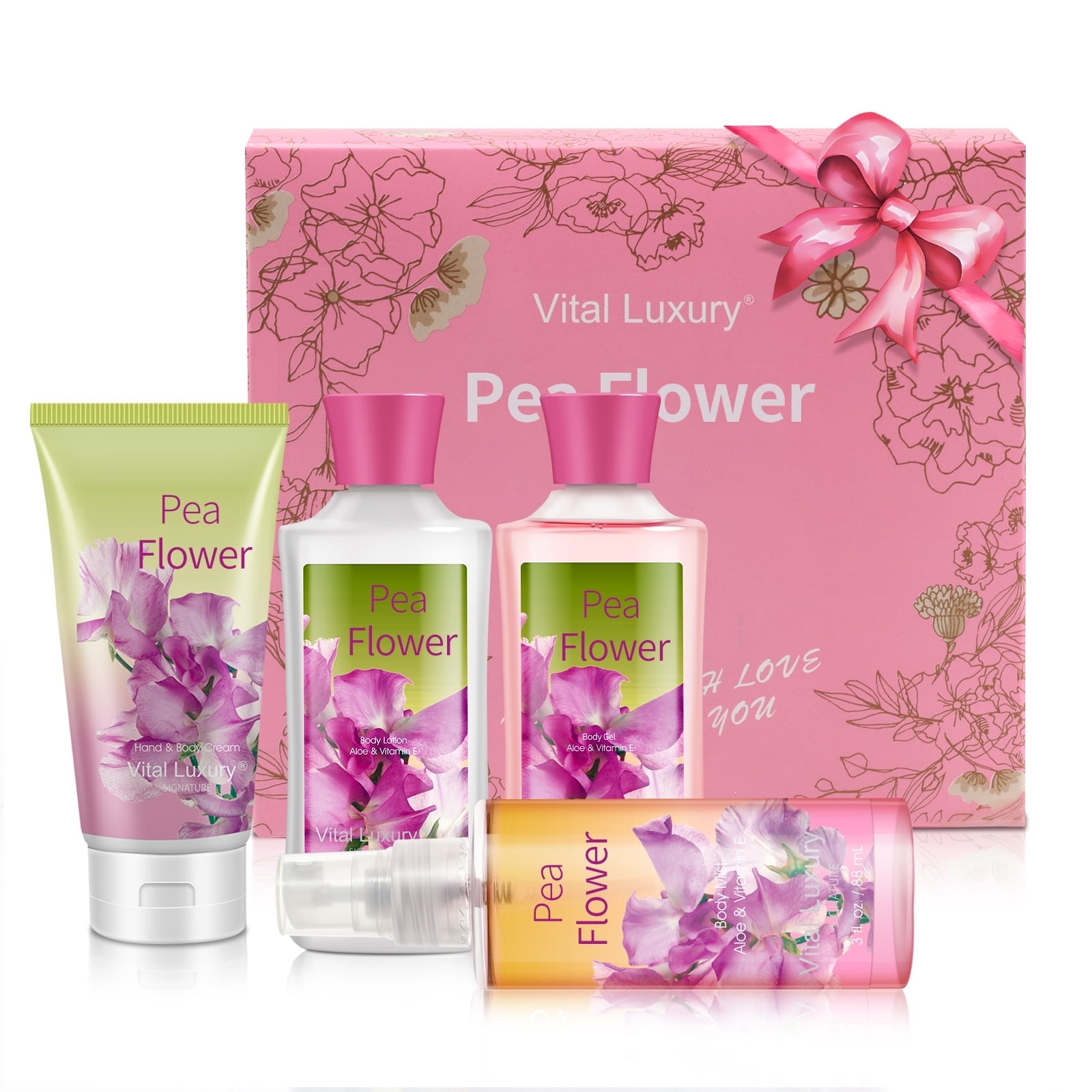Vital Luxury Bath & Body Kit 4 Pcs,Pea Flower Scent Home Spa Set