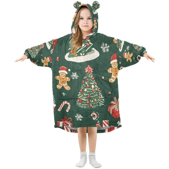 FORMRS Wearable Blanket Hoodie with Sleeves for Kids Cozy Flannel Sweatshirt, Yellow Christmas Gingerbread