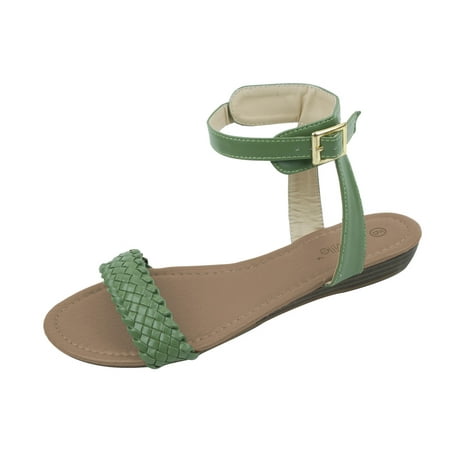 

New Women s Fashion Casual Braided Buckles Strap Open Toe Flat Sandal Green