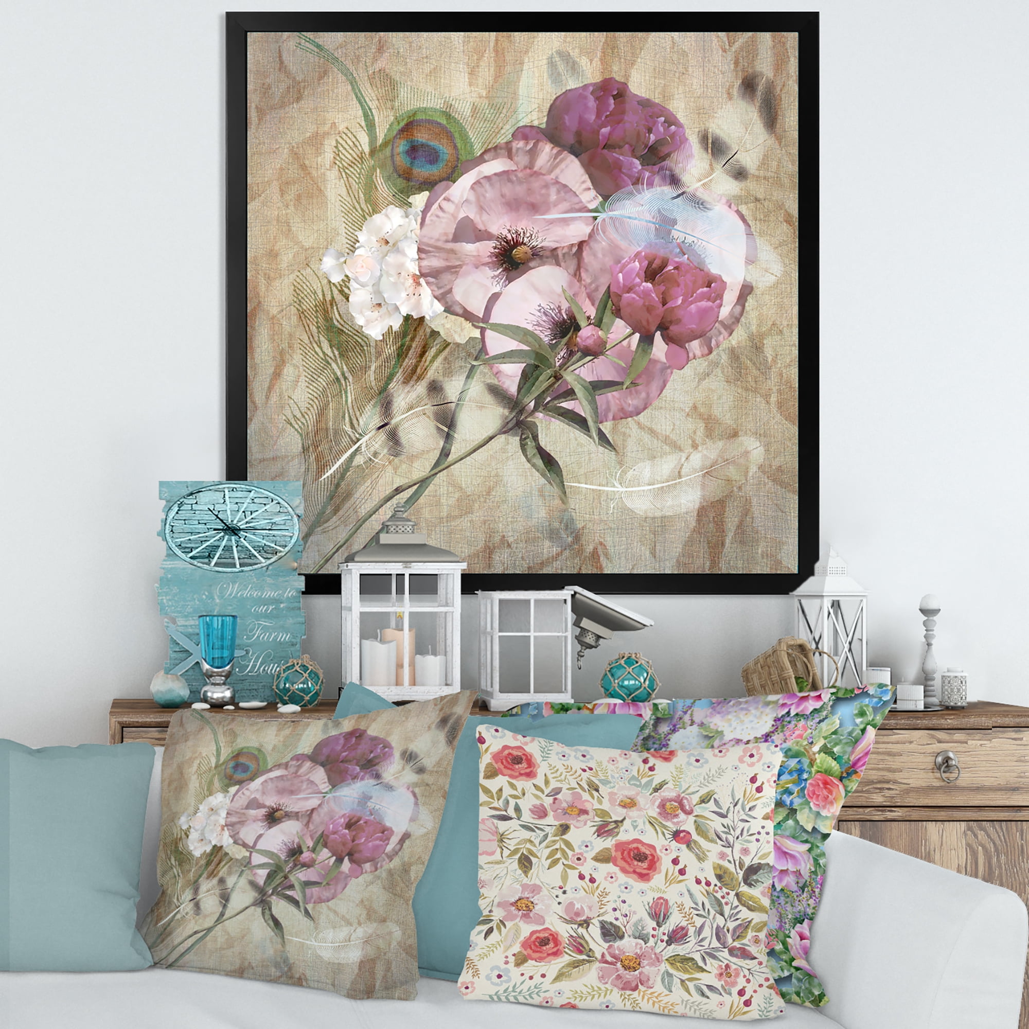 Designart 'Iris Bouquet Floral Design With Peacock Feather' Traditional Framed Art Print