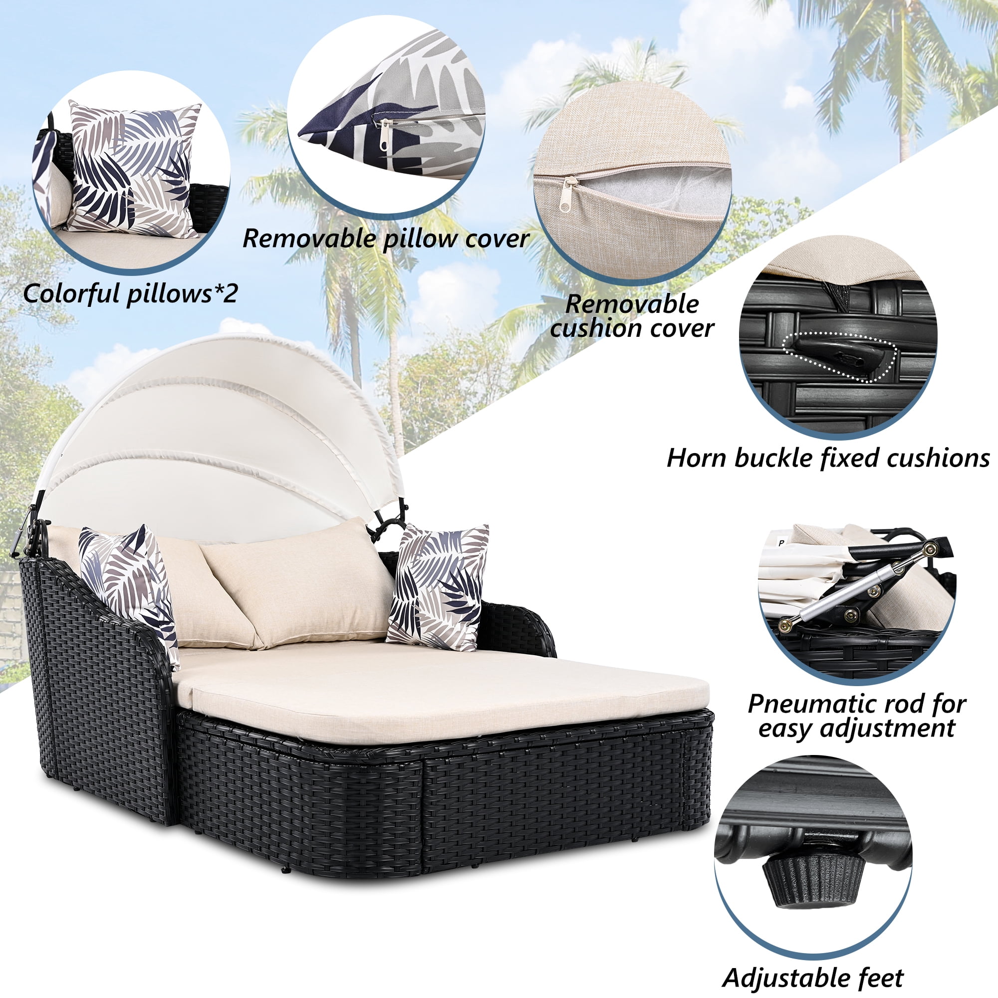80" Outdoor Sunbed with Adjustable Canopy,Sectional Rattan Round Bed with Double lounge,Beige+Black