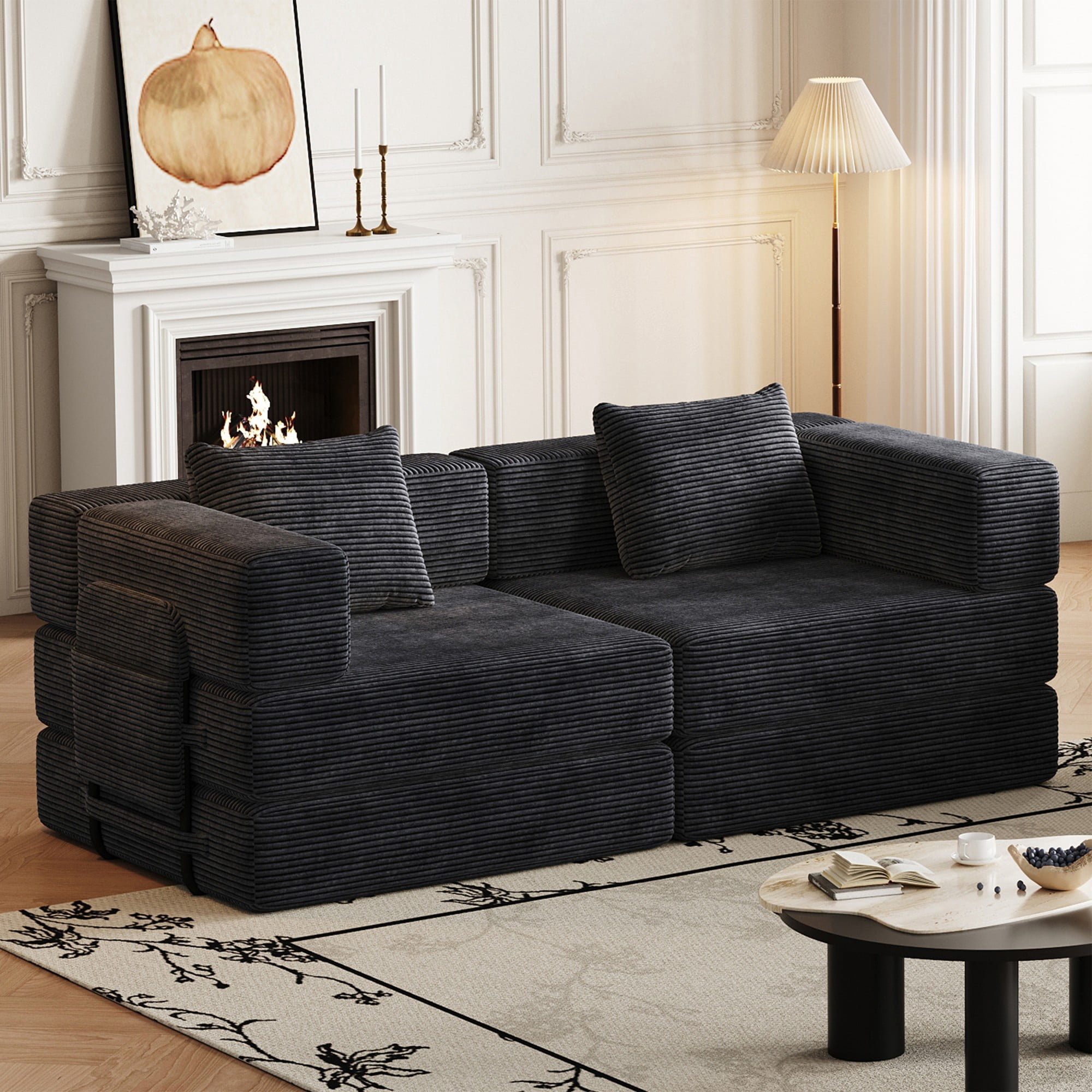 72" Convertible Corduroy Sofa Bed,Folding Sleeper Couch with Two Side Storage Pockets & Two Cushions for Living Room,Bedroom,Black