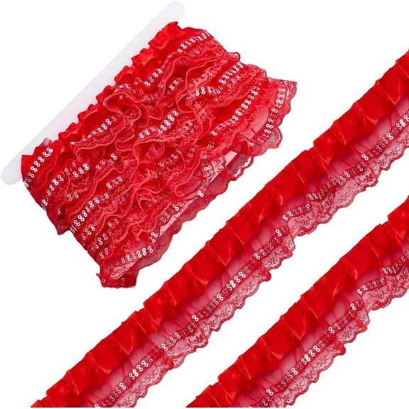 2 1/8 Inch Wide Red Ruffle Pleated Lace Trim Sequin Bead 2 Layer Ruffled Edge Ribbon Polyester Organza Gathered Satin Fabric Trimming for Sewing Making Crafts Dresses Clothes Wedding Decor