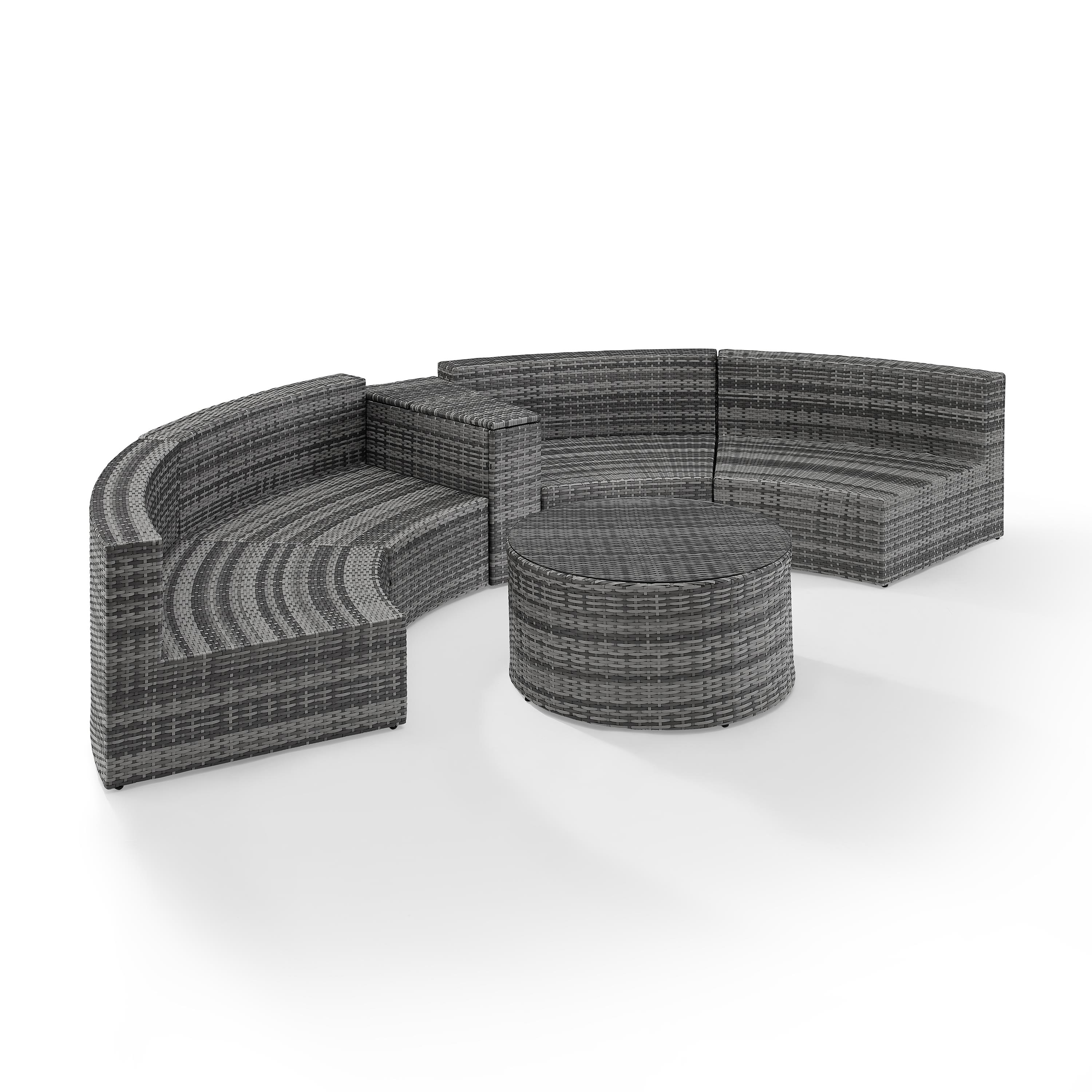 Crosley Catalina 4Pc Outdoor Wicker Sectional Set Gray/Gray - Arm Table, Round Glass Top Coffee Table, & 2 Round Sectional Sofas - image 4 of 9