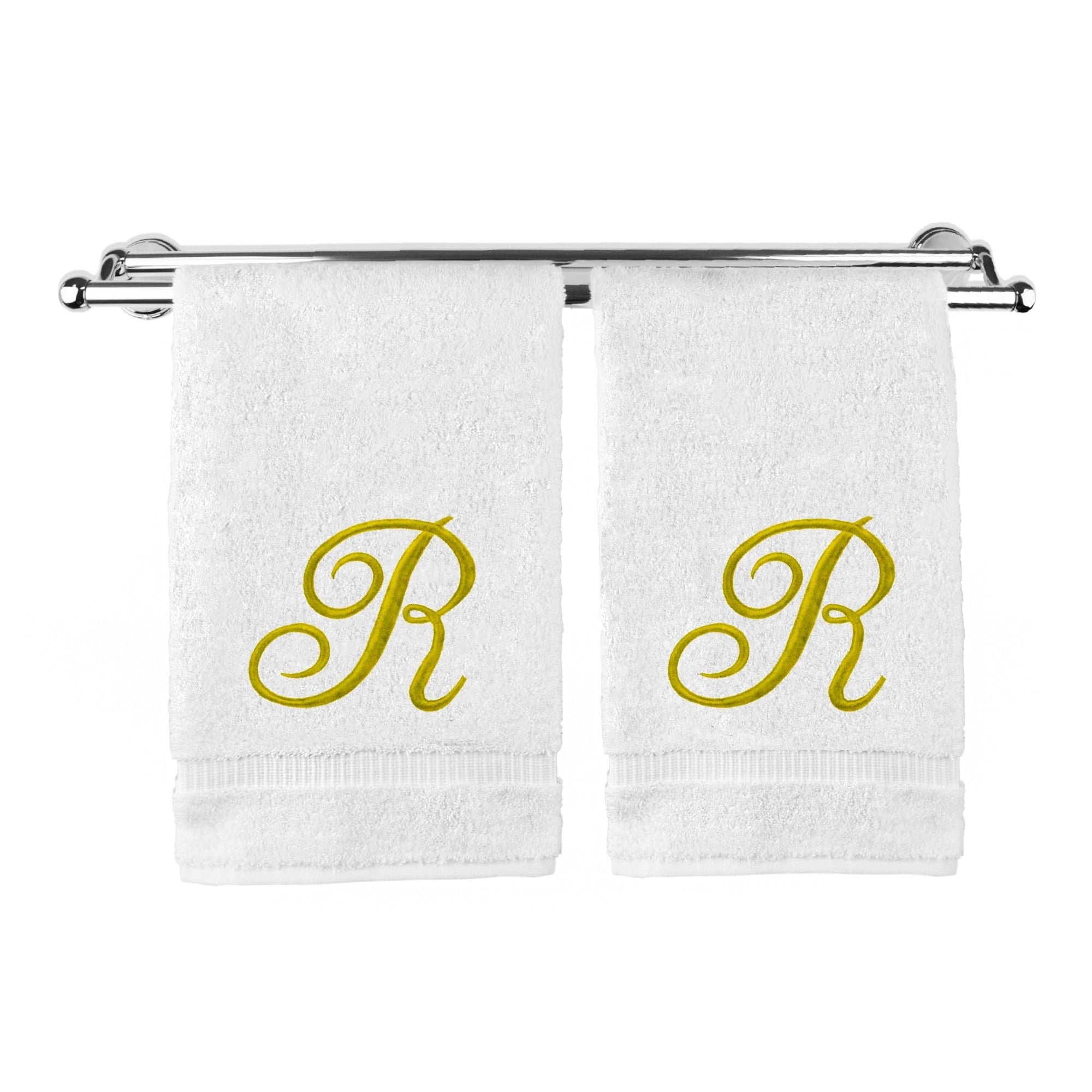 Monogrammed Hand Towel, Personalized Gift, 16 x 30 Inches - Set of 2 - Gold Embroidered Towel - Extra Absorbent 100% Turkish Cotton- Soft Terry Finish - for Bathroom, Kitchen and Spa- Script R White