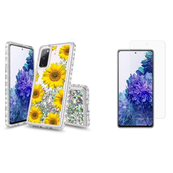 Bemz Liquid Quicksand Case for Samsung Galaxy S20 FE (with 2 Pack of Tempered Glass Screen Protectors and Touch Tool) - Sunflowers (Clear)