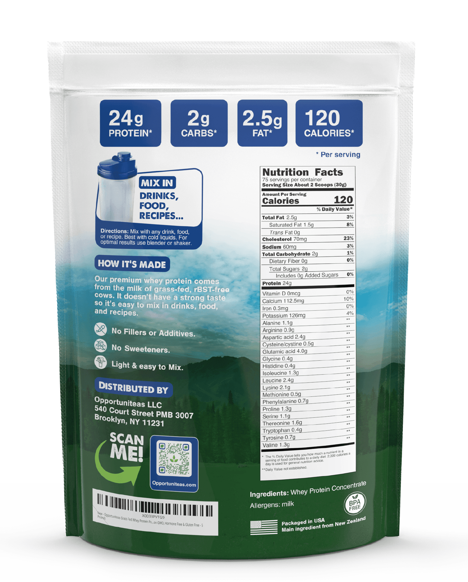 Opportuniteas - Grass Fed Whey Protein Powder Concentrate, Unflavored, 1 Ingredient, 5lb