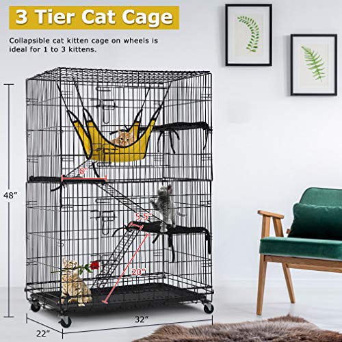 Cat Cage Cat Crate Cat Kennel 48 inches Cat Playpen Cat Pen with Free Hammock 3 Cat Bed 2 Front Doors 2 Ramp Ladders Perching Shelves 
