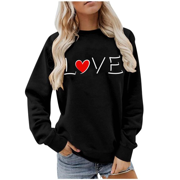 Uaswgudfs Women's Valentine's Day Crewneck Sweatshirt - Casual Long Sleeve Pullover with Red Heart Print, Valentine Graphic Active Top for Women
