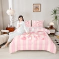 thumbnail image 4 of Manfei Cute Bow Girl Bedding Comforter Set 2pcs,Pink Geometric Stripes Twin Comforter Sets Microfiber,Kawaii Ribbon Bow Knot Breathable Bedding Set,Luxury Bedroom Decor,Reversible, 4 of 8