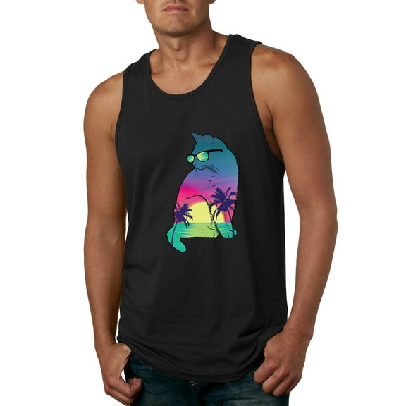 Neon Beach Sunset Cat California Vibes | Mens Animal Lover Graphic Tank Top, Black, Small