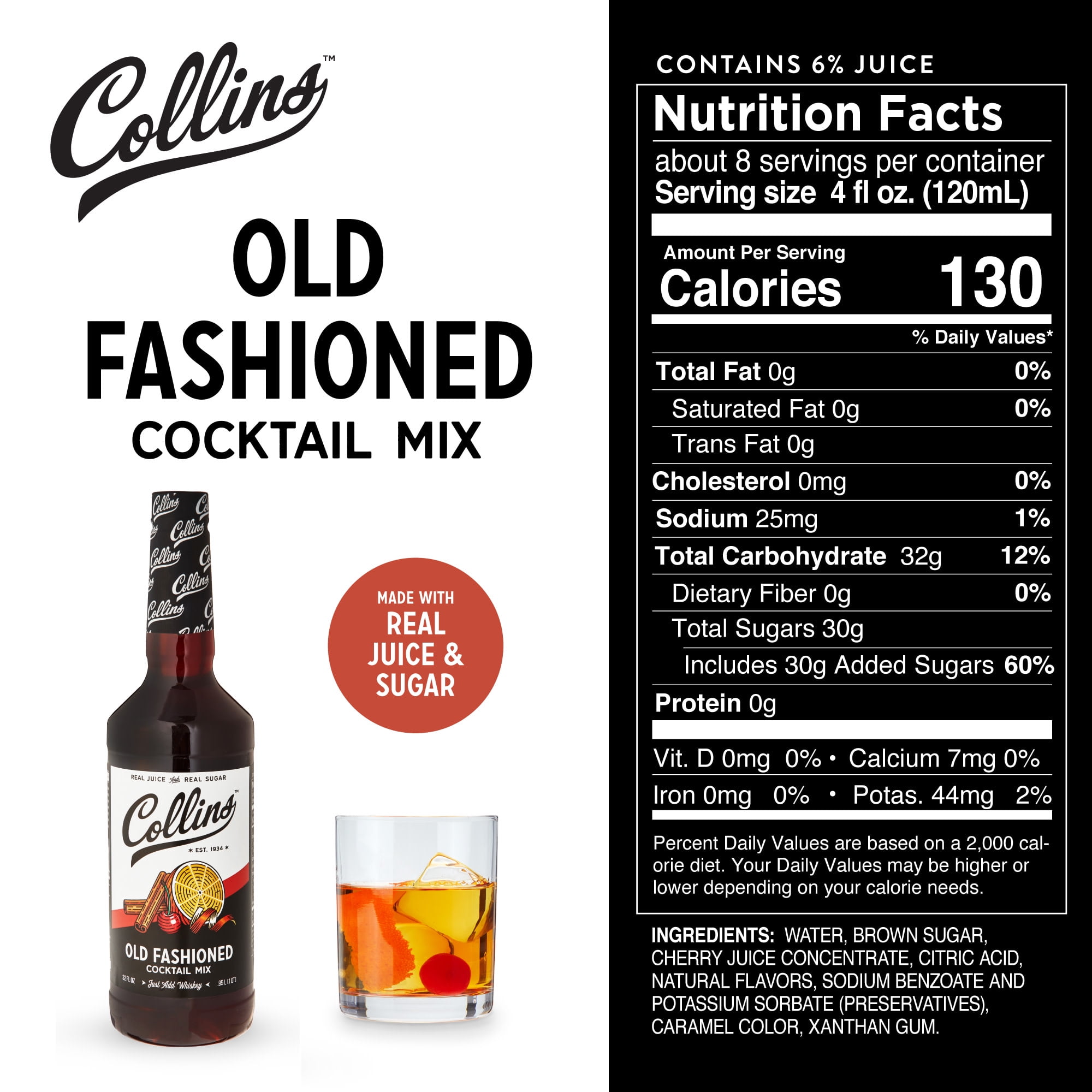 Collins Old Fashioned Mix | Made With Real Brown and Sugar Cherry Juice With Natural Flavors | Classic Cocktail Recipe Ingredient, 32 fl oz