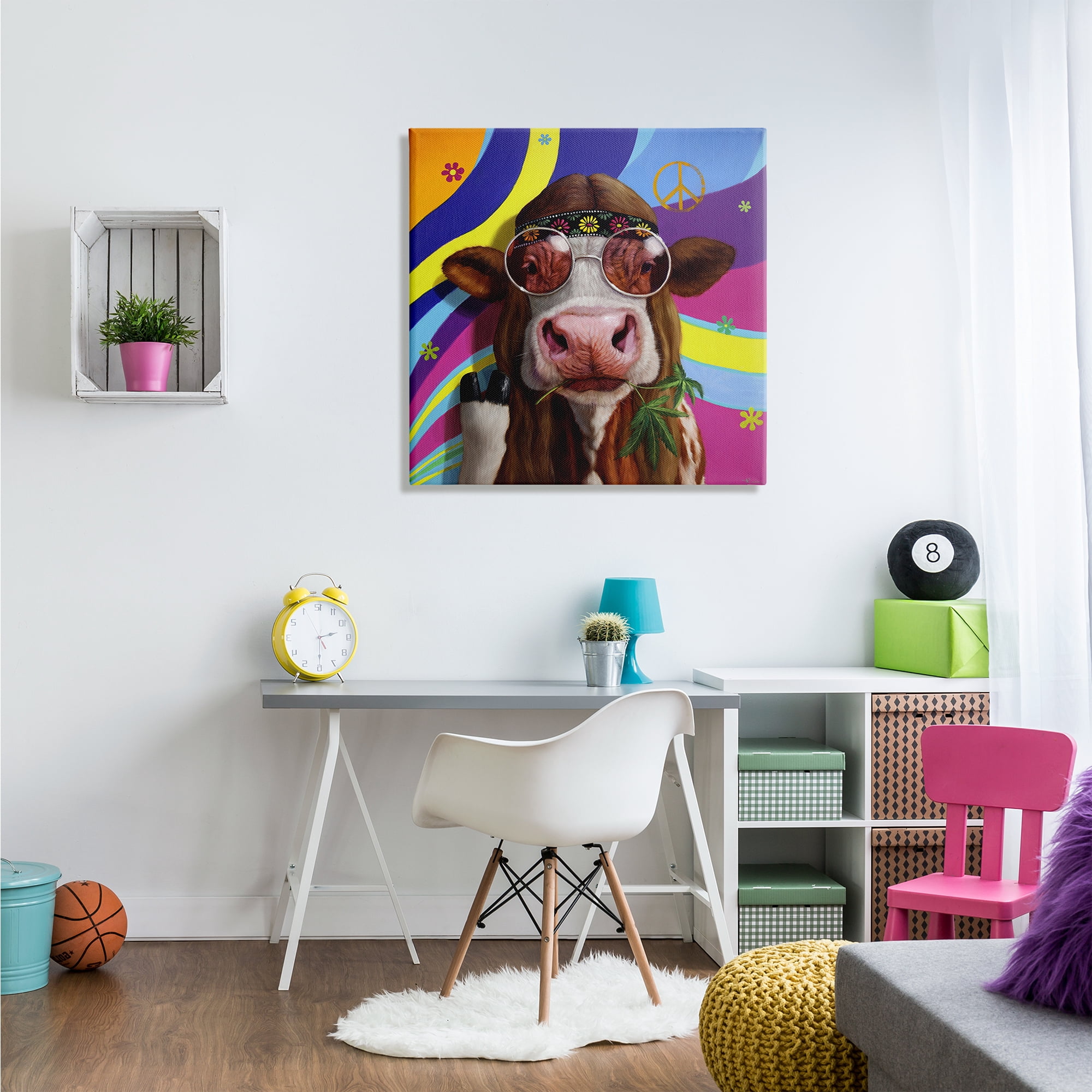Stupell Industries Hippy Farm Cow Retro Groovy Stripes Peace Sign, 30 x 30, Design by Lucia Heffernan