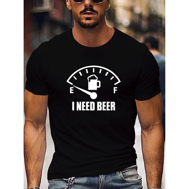 Men's "I NEED BEER" Graphic White T-Shirt - Casual & Athletic Short Sleeve Crew Neck, Breathable Polyester Blend, Perfect for Summer Workouts & Everyday Fun
