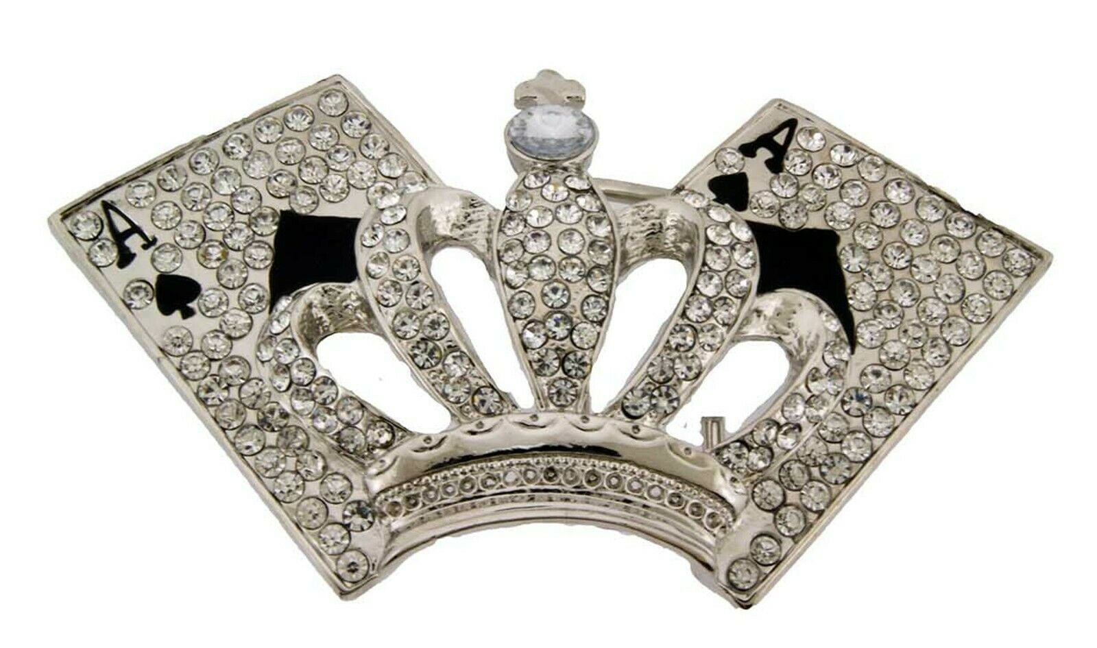 Crown Belt Buckle Silver Metal Rhinestones Aces Spade Las Vegas Big New Walmart