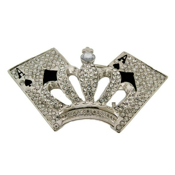 Crown Belt Buckle Silver Metal Rhinestones Aces Spade Las Vegas Big New