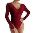 thumbnail image 2 of Women's Bodysuit Autumn Floral Lace Trim Low Back Body Suit High Cut Elegant Long Sleeve Fall Tight Shaping Outfits, Wine, L, 2 of 2