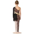 thumbnail image 2 of Raenseen Girls Kids Gymnastics Dance Outfit One Shoulder Long Sleeve Dancewear Leopard Color Block Bodysuit Jumpsuit Black 10, 2 of 5