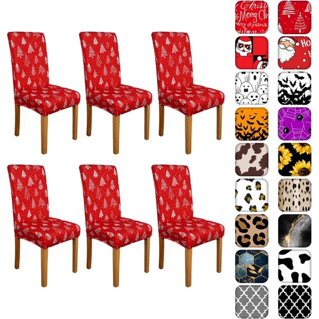 Merry Christmas Chair Covers for Dining Room Set Of 6, Red Christmas Tree Stretch Dining Chair Cover 6 Pieces, Kitchen Xmas Chair Slipcovers 6 Pack, Removable Seat Protector for Christmas Decor