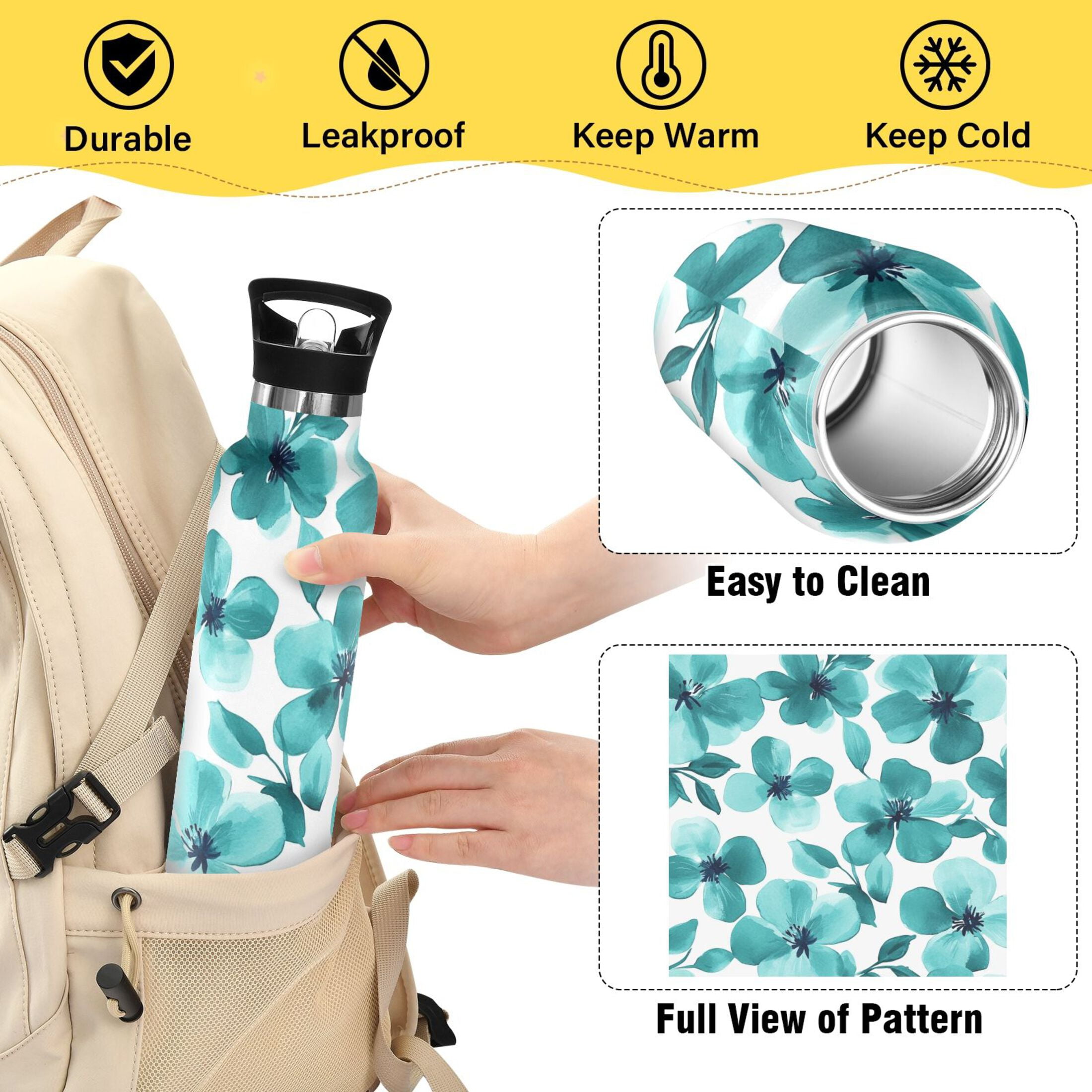 600ML Stainless Steel Insulated Cup Sports Water Bottle Portable Thermos Cup Water Glasses Insulated Tumblers Convenient and Durable Green Flowers