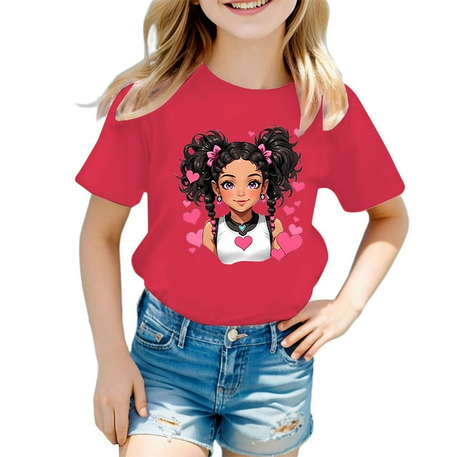 MEZZALL T-Shirt Graphique Mignon pour Fille, Col Rond, Manches Courtes, Tee d'Été Décontracté, T-Shirts Hauts, Rose Vif, 9-10 Ans