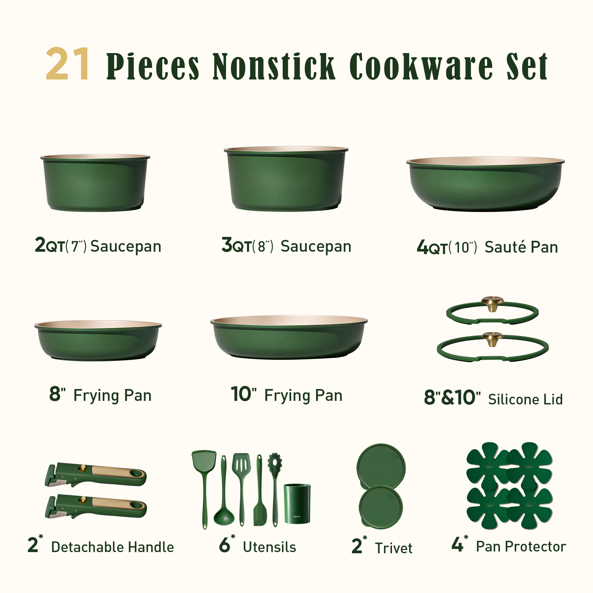 Carote 21-Piece Nonstick Cookware Set with Detachable Handles, Green photo 2