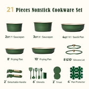 CAROTE 21-Piece Nonstick Pots and Pans Set, Ceramic Cookware Set with Detachable Handle and Lids, Induction Compatible, Green