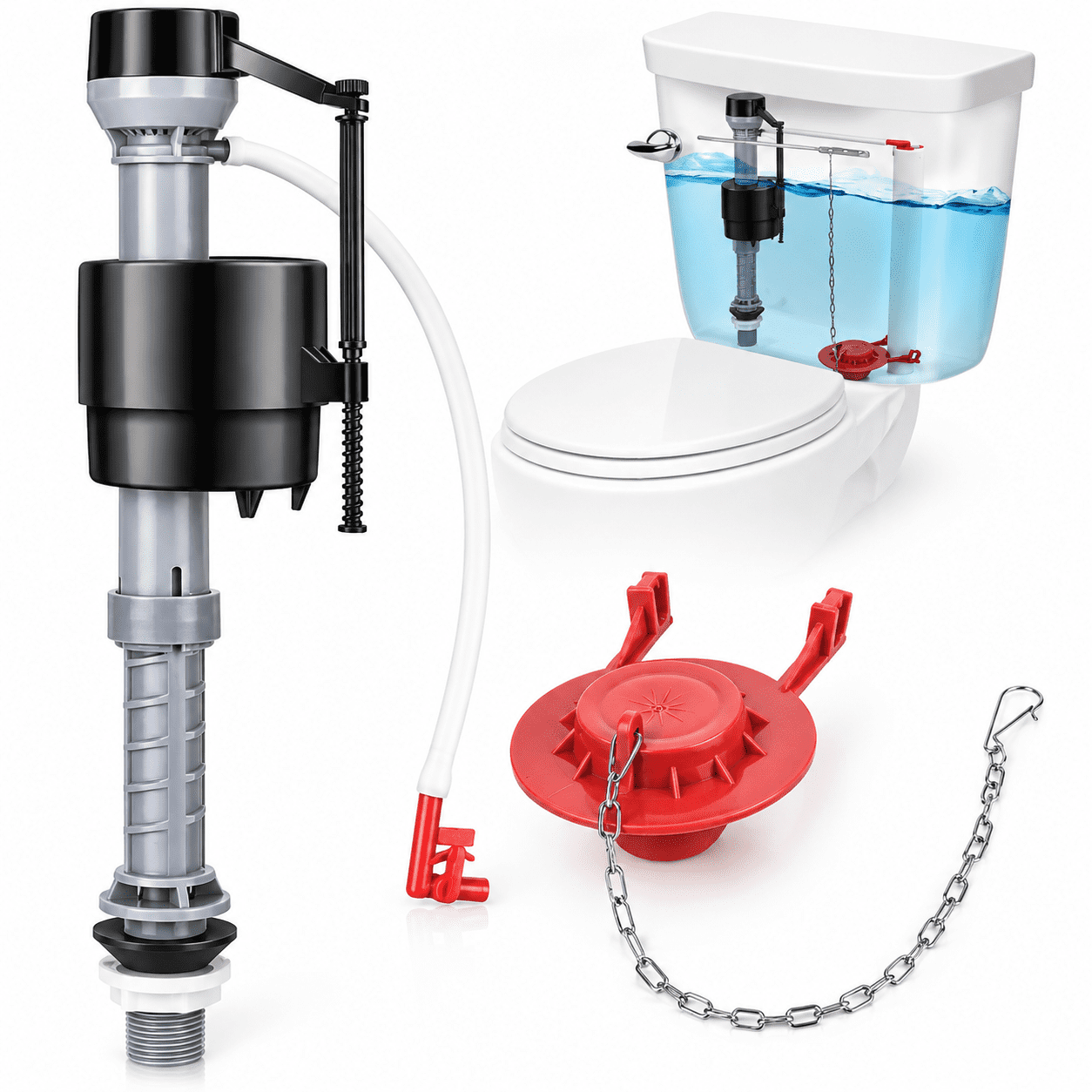 MONTERA Universal Toilet Flush Valve Replacement Kit Height Adjustable Fill Valve with Threaded Flow Control Knob 2- Flapper Toilet Handle Lever Quiet Water-Saving Toilet Repair Kit Inside Tank