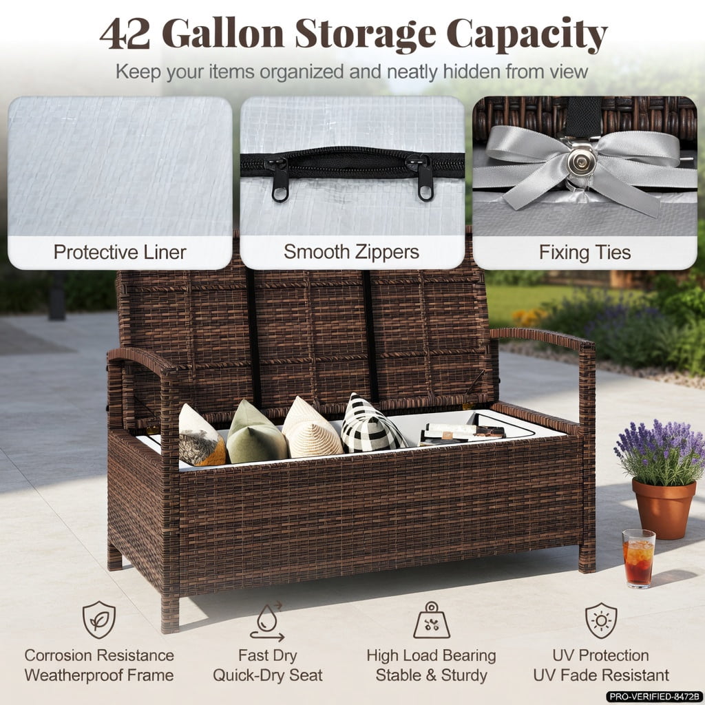 Hommoo Outdoor PE Wicker 2-Person Storage Bench with Beige Cushion, 42-Gallon Waterproof Deck Box for Patio, Garden & Poolside, Natural