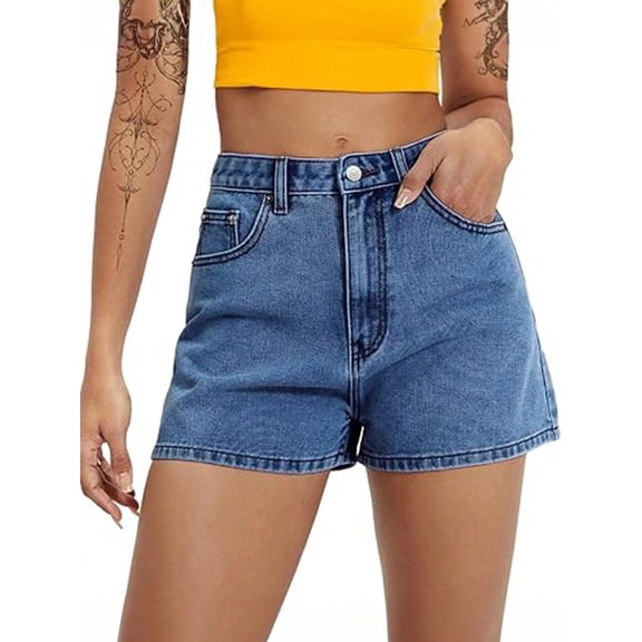 EMMIOL Women's High-Mid Waisted Stretchy Denim Shorts Basic Wash Solid Casual Boyfriend Y2K Jorts for Summer
